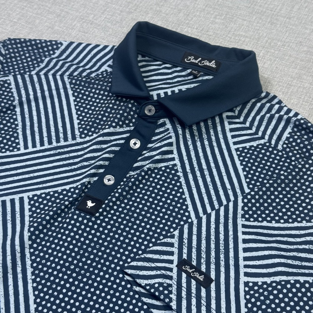 Bad Birdie Golf Polo Shirt Mens Large Blue Geometric Performance Short Sleeve